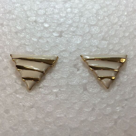 Vintage Coro Earrings Gold Tone White Enamel Triangle Studs Posts - Picture 5 of 12